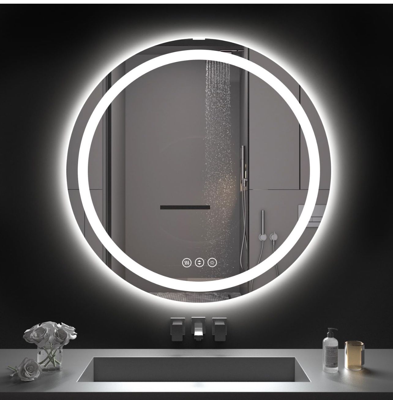 Round 24" LED Bathroom Mirror with Lights, Backlit & Front Lighted, Wall-Mounted Vanity Mirror
