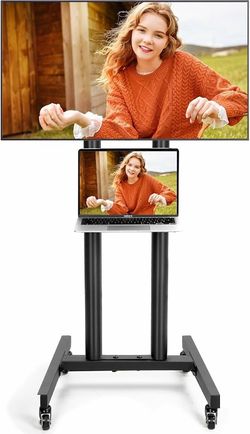 Rolling Mobile TV Cart with Wheels for 32-60 Inch LCD LED 4K Flat Screen TVs Dual-Pole Portable Moveable TV Floor Stand with Laptop Shelf Height Weigh