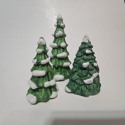 Vtg 1980s 3 Small Ceramic  Snow Tip  Evergreen Christmas Village Trees 3.5-5in.