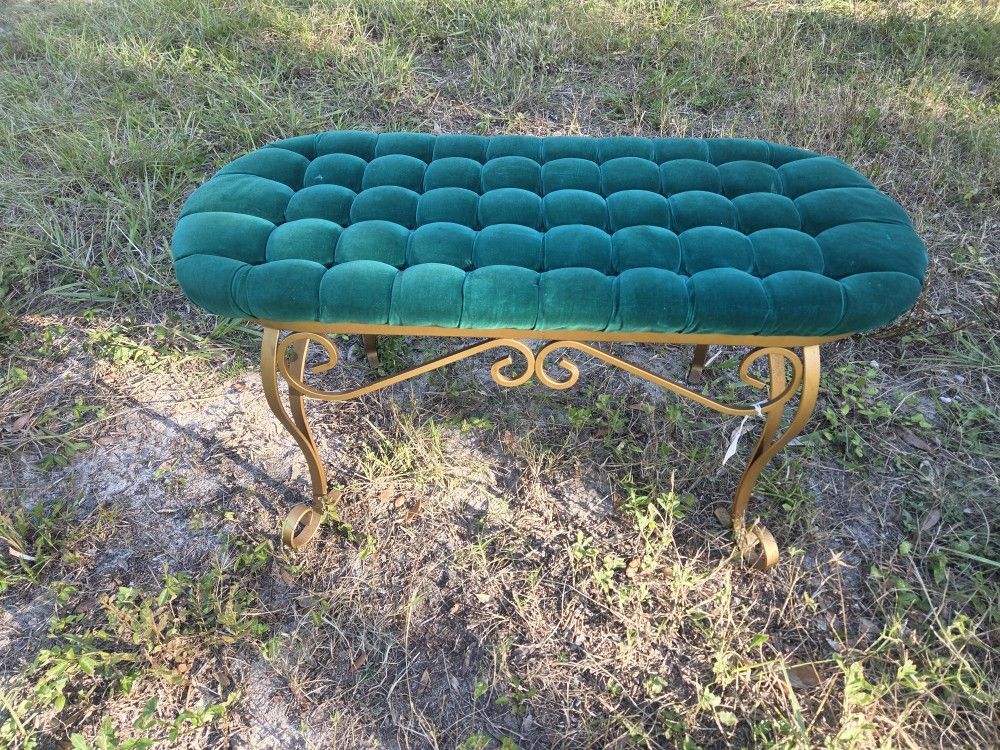 Mid Century Velvet Bench Green And Gold Metal Stool