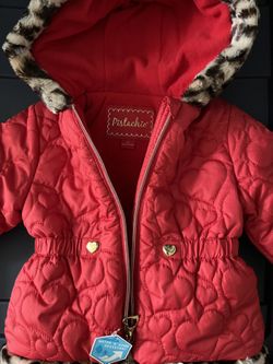 Pistachio 2T Girl’s Red Puffer Jacket With Leopard Faux Fur Trim- New With Tags