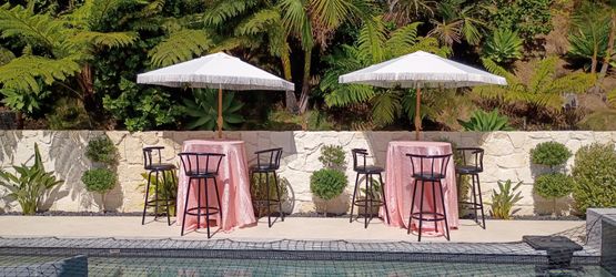 30" cocktail tables, tablecloths, bar stools, umbrellas