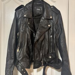 Zara Genuine Sheep Leather Motorcycle Black Moto Biker Asymmetric  Size Large 