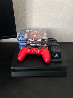 PS4 Console 500GB Bundle – Official Red Controller, Dual Charger & 4 Games