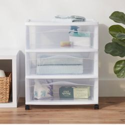 3 Drawer Wide Cart White - Bright room Plastic Storage Drawers, Utility Cart With Carters, Portable Universal Storage