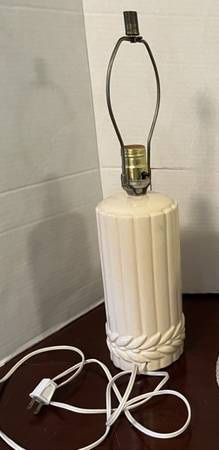 Vintage Ribbed Ivory Porcelain Ceramic Lamp with Laurel Garland