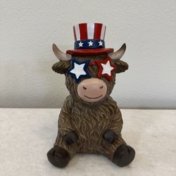Patriotic 2026 Fourth Of July Highland Cow With Top Hat and Sunglasses Figurine