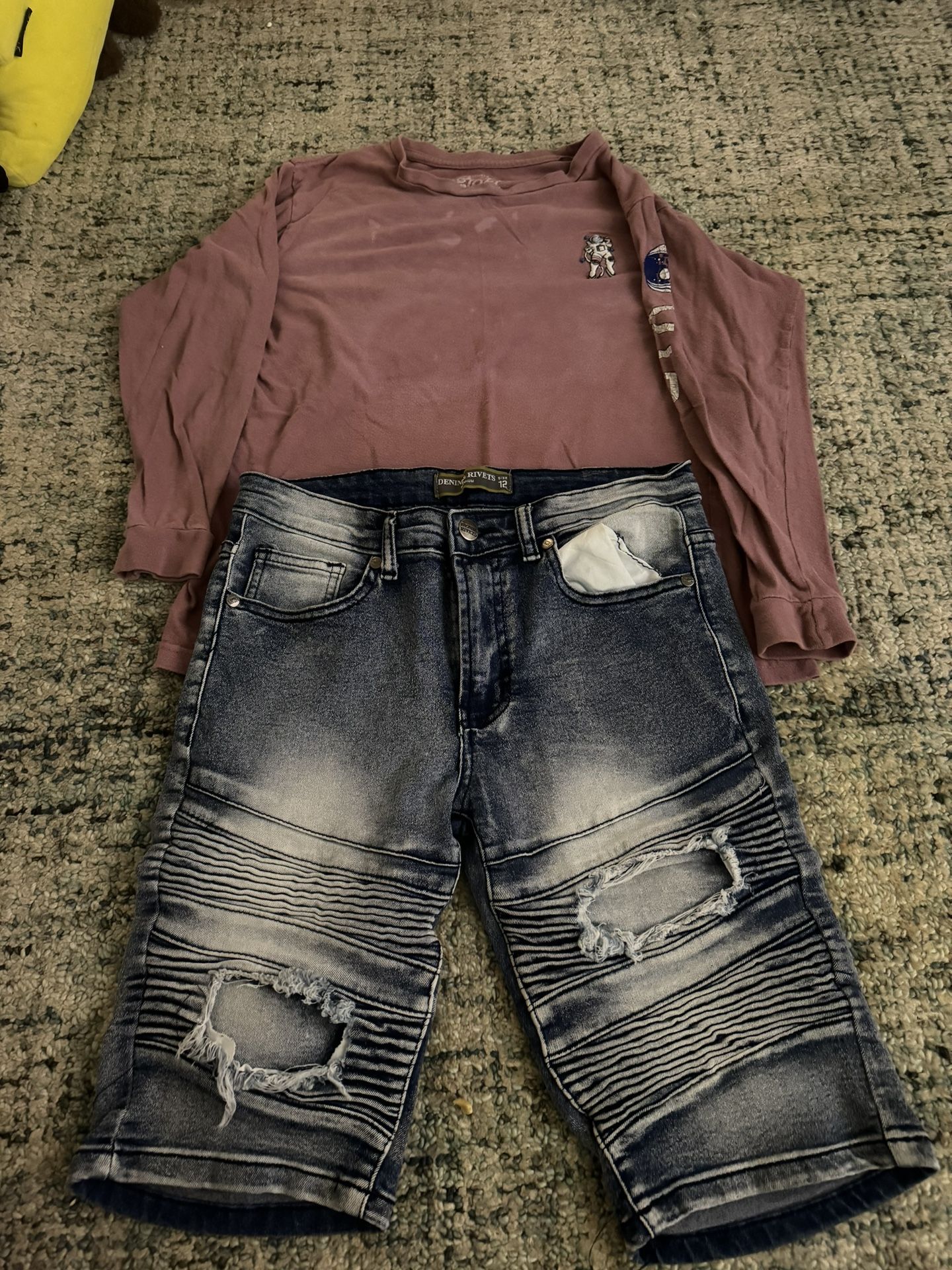 Boys 10/12 Long Sleeve Vintage Shirt & Denim Shorts