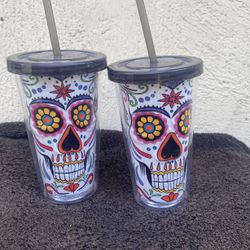 Dia De Los Muertos Sugar Skull Tumbler Cups With Straw