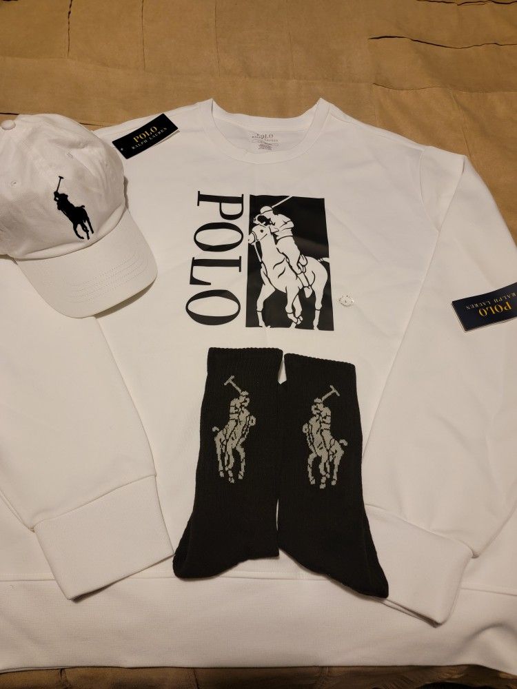 LARGE white/black Polo sweatshirt. With white/black pony Polo leather strap cap & Polo socks 10-13 shoe fit.