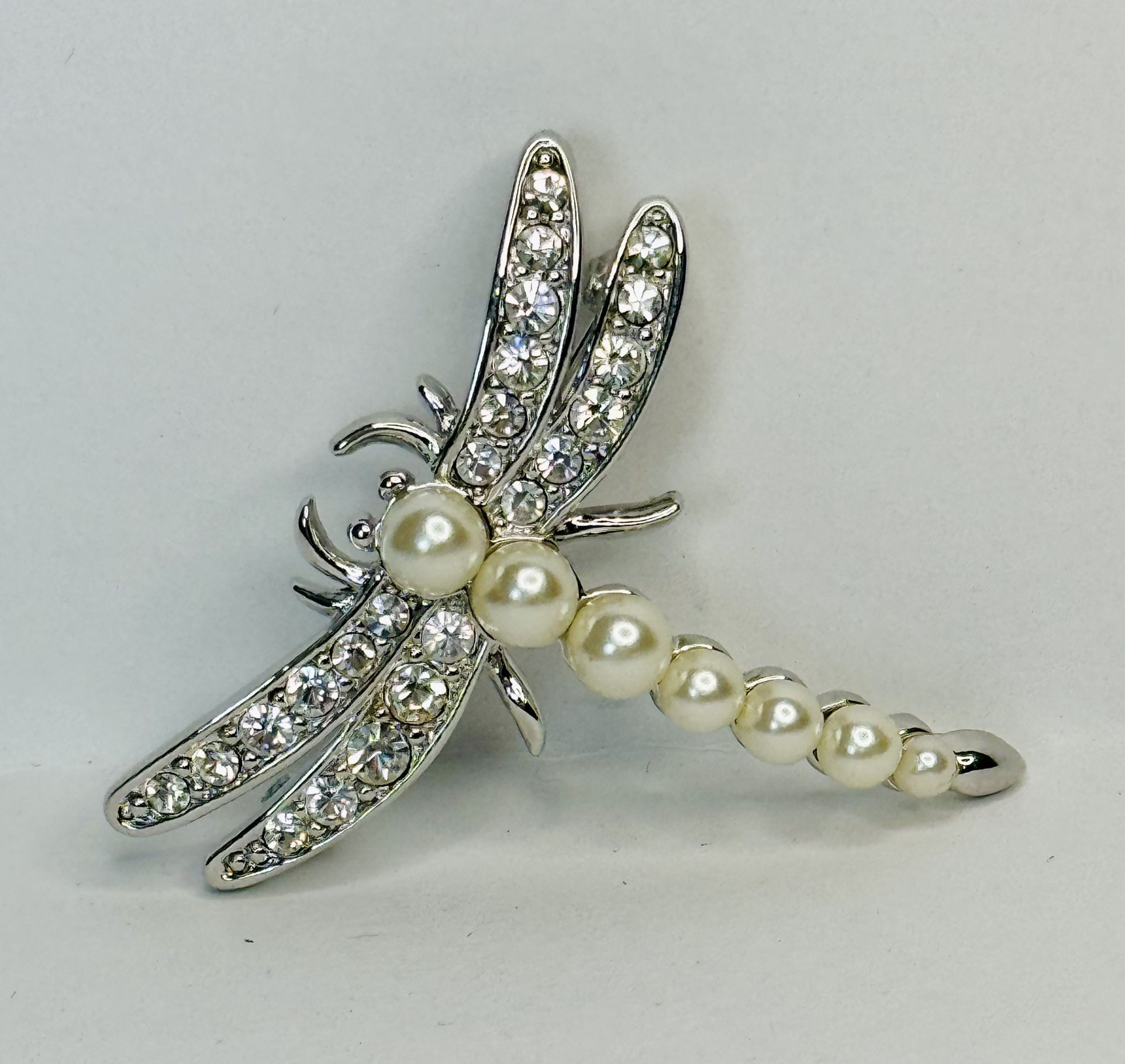 Signed Napier Brooch Pin Dragonfly Silver Tone Faux Pearls Rhinestones Estate