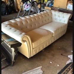 Matching Sofa And Loveseat Tufted Rolling Arm Cream Leather Couch Set