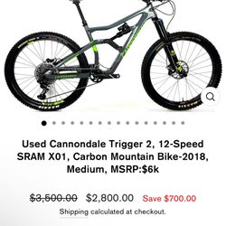 Used Cannondale Trigger 2, 12-Speed SRAM X01, Carbon Mountain Bike-2018, Medium, MSRP:$6k