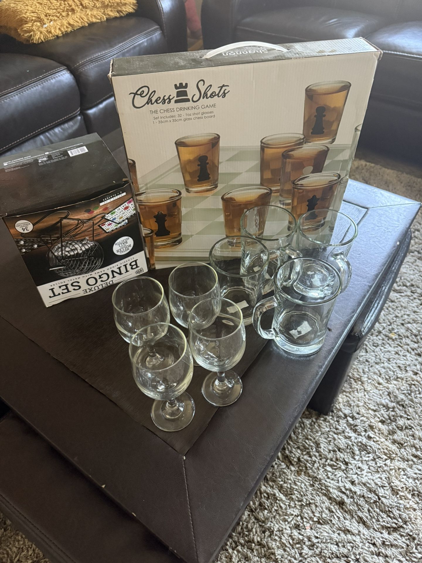 chess shots, bingo set, glasses