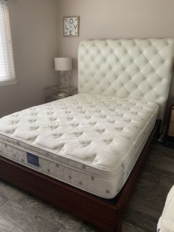 Ivory Quilted Leather & Wood Bedframe Queen