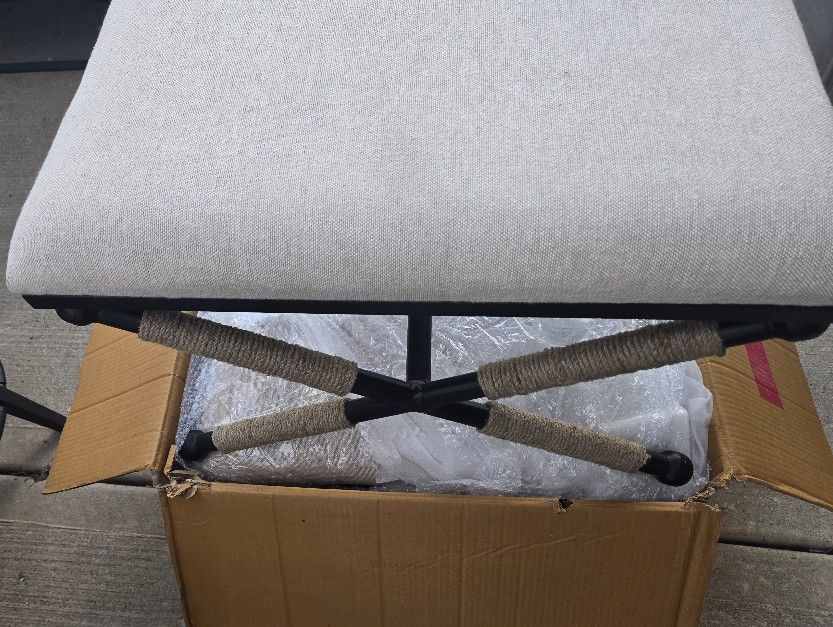 2 Natural Linen And Black Accent Stools