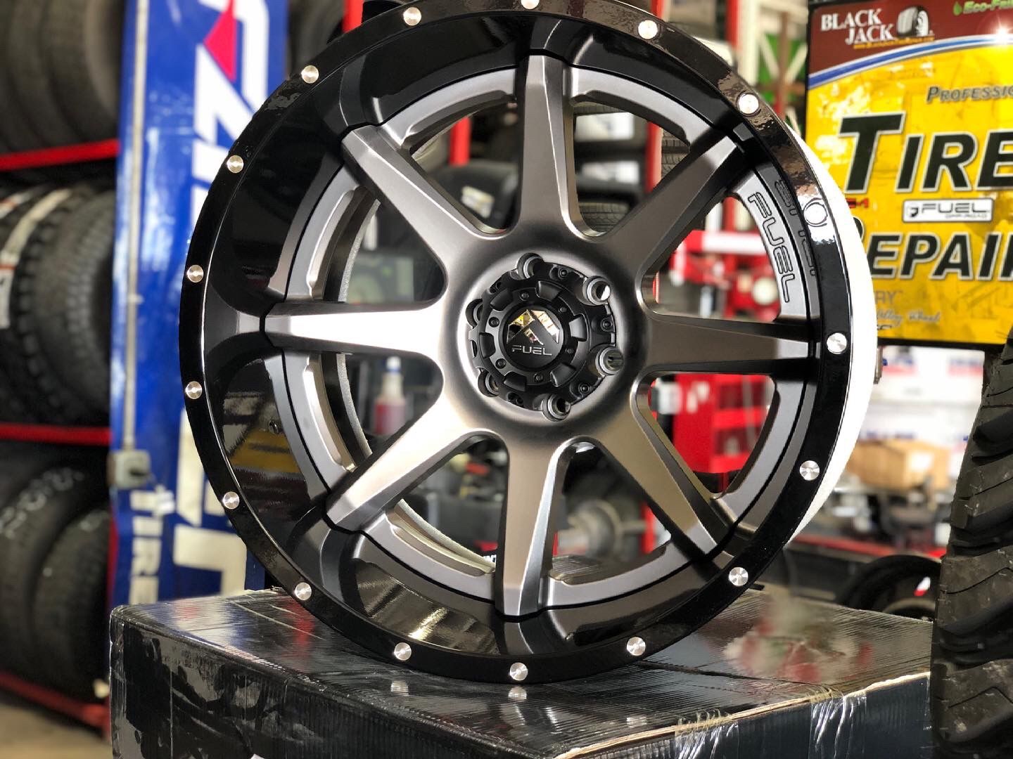 22x12 Fuel Rampage Wheels. Anthracite Center and Gloss Black Lip . Central Tires