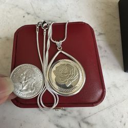.999 Sterling Silver Rose Coin Necklace , Bezel Is 925 , All Hallmarked In Photos , Rose Has A Gold Tint , 18in 925 Chain , In Great Condition 