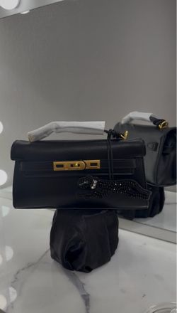 Black Leather Clutch Bag with Gold Hardware