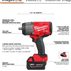 BRAND NEW Milwaukee HIGH TORQUE Battery Kit 2967-20 M18 FUEL 18V Lithium-Ion Brushless Cordless 1/2 in. Impact Wrench with Friction Ring 1/2 "