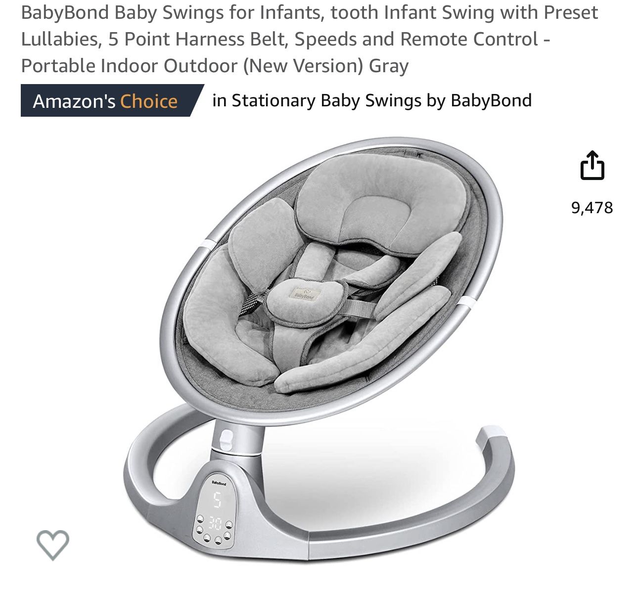 BabyBond Baby Swings for Infants, tooth Infant Swing with Preset Lullabies, 5 Point Harness Belt, Speeds and Remote Control - Portable Indoor Outdoor