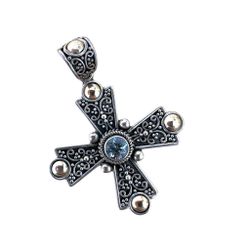 Suarti Bali Sterling Silver 18k & Blue Topaz Ornate Cross Pendant