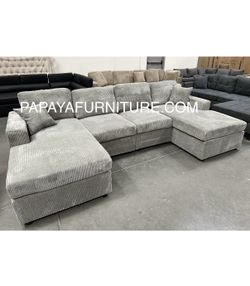 New! Grey 120”L Double Chaise Sectional Sofa, Corduroy Sectional, U-Shaped Sectional, Grey Sectional With Chaise, Soft Plush Sectional,Sof