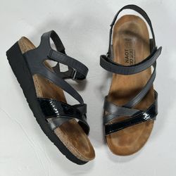 Naot Sophia Black Leather Strappy Comfort Wedge Sandals Women's Size 7