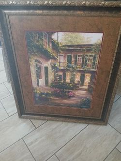 Large Framed Courtyard Art Print by J. Martin, 39X34 OBO
