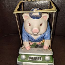 Vintage Mud Pie Pig Golf Cart Coin Piggy Bank
