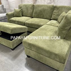 106” Plush Sage Green Sectional, Sectional And Storage Ottoman, Sectionals, Sofa, Couch, Beige Couch, green Couch, Corduroy Sectional, USB Charger Sof