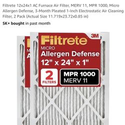 Filtrete 12x24x1 AC Furnace Air Filter, MERV 11, MPR 1000, Micro Allergen Defense, 3-Month Pleated 1-Inch Electrostatic Air Cleaning Filter, 2 Pack (A