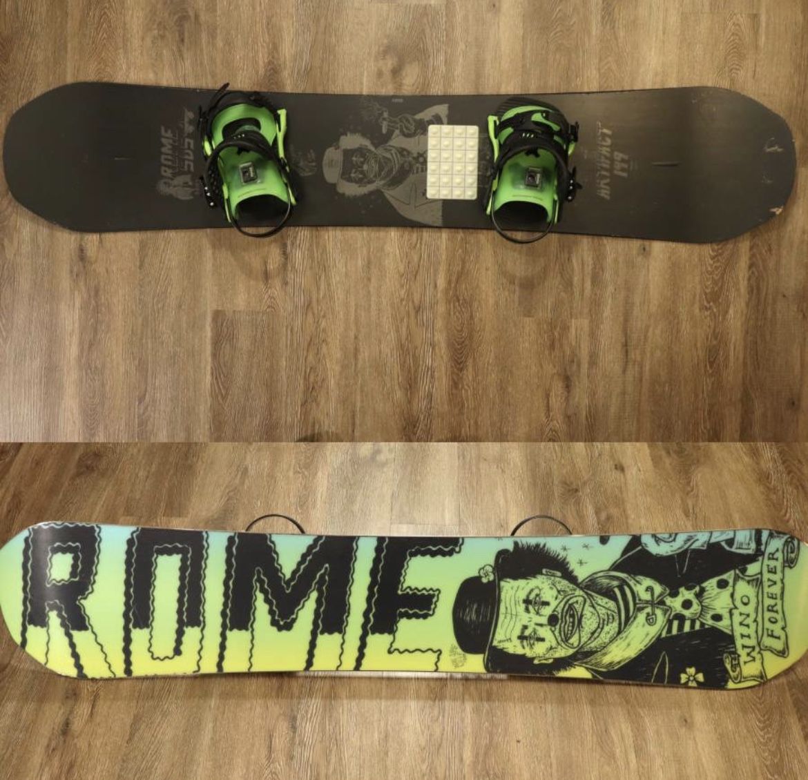 Rome Artifact 149 Snowboard Black Yellow Neon w/ Bent Metal Logic Bindings & Burton Bag