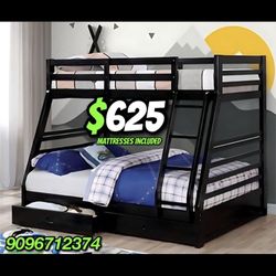 Twinfull Size Black Bunkbed W Orthopedic Mattress 