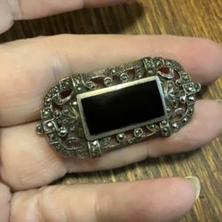 Vintage Onyx, Marcasite Brooch 