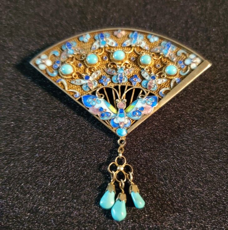 Beautiful 925 Gold Vermeil Filagree Turquoise Enamel Broach
