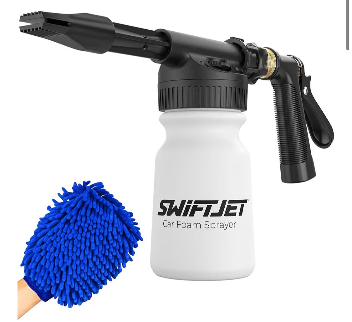 SwiftJet Car Wash Foam Gun + Microfiber Wash Mitt - Works with Any Soap - Garden Hose Car Foam Sprayer - Foam Cannon Car Wash Kit - Car Accessories Fo