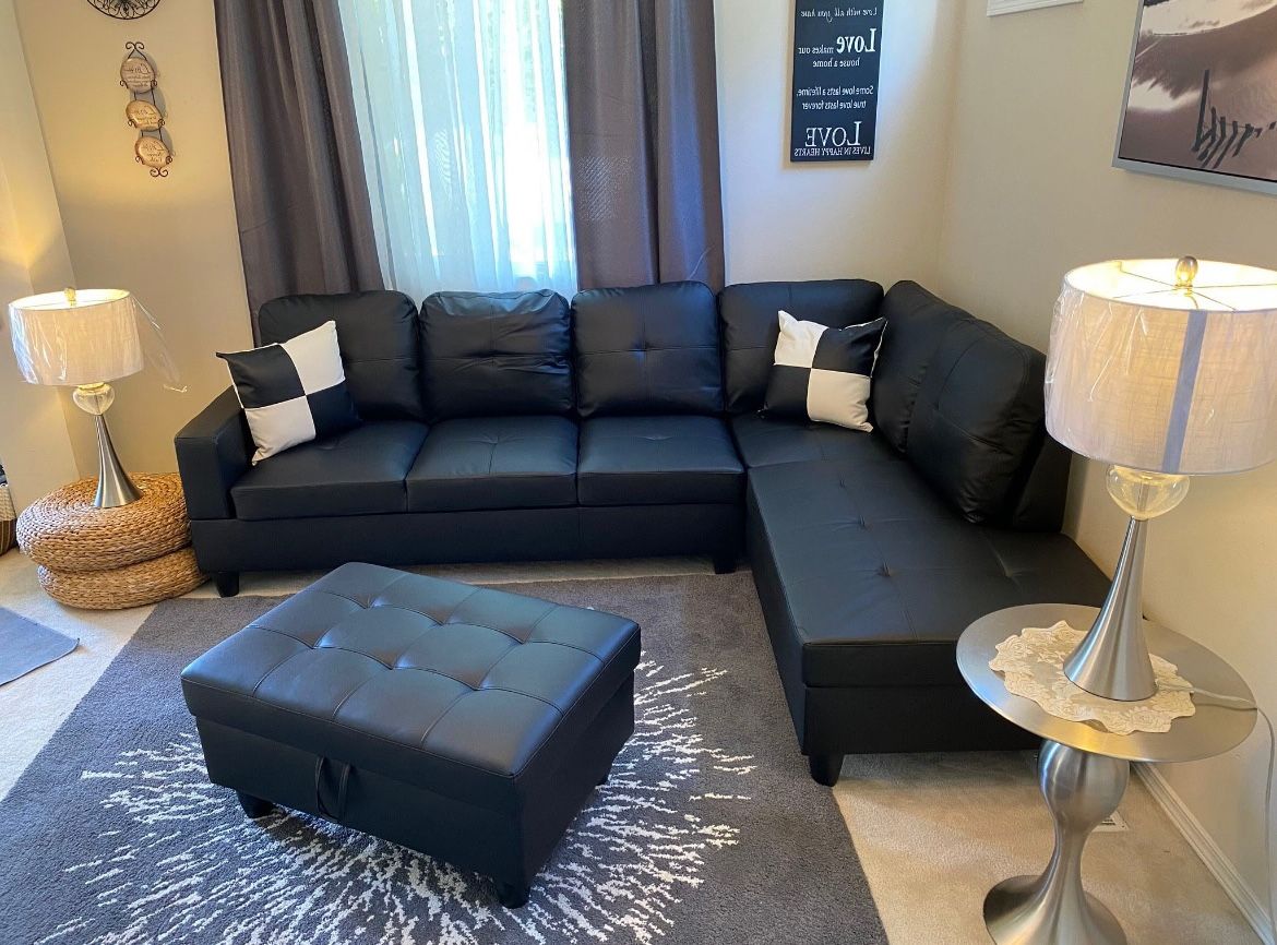 New Black Leather Sectional Sofa Couch With Storage Ottoman And Pillows