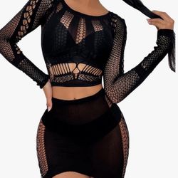 One Size Black Lingerie Fishnet Top and Mini Skirt Set Beachwear Sexy Nightwear Outfits