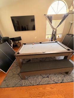 Brown wood convertible, billiards ping-pong, dining room table