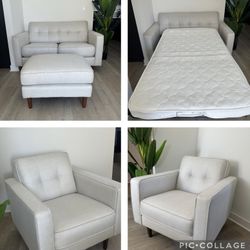 Loveseat Sofa Bed Couch with hide-a-bed sleeper, two accent chairs, and ottoman 