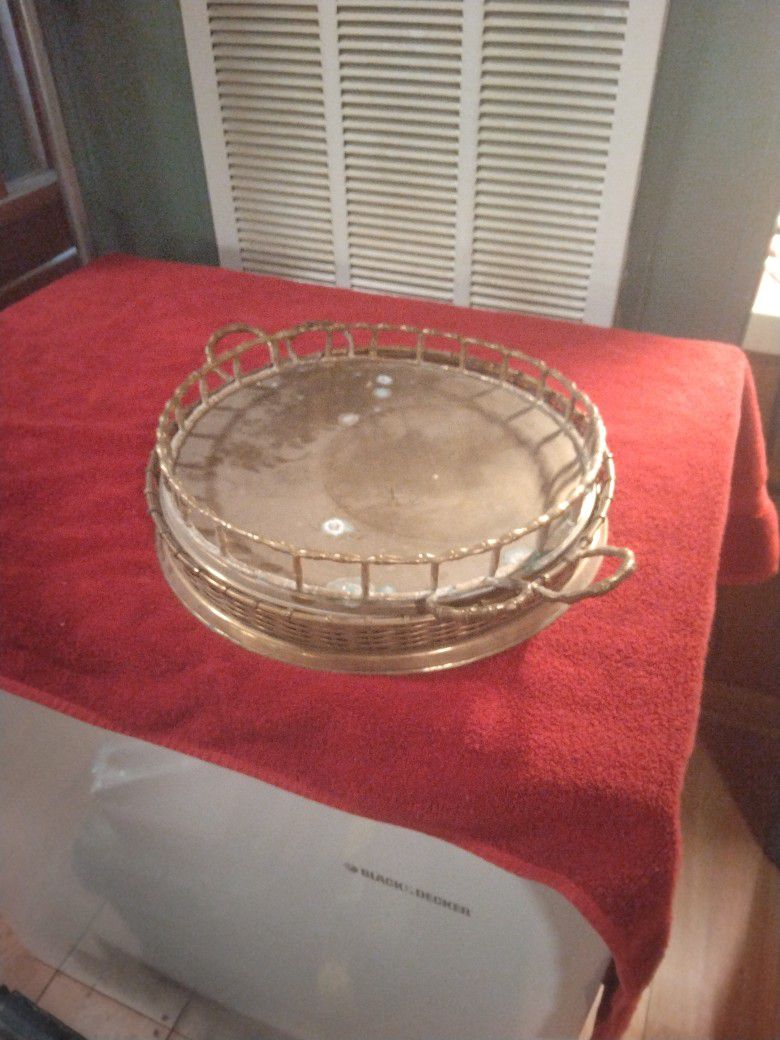 Vintage 2 Piece Solid Brass Serving Tray Fits In The Tray