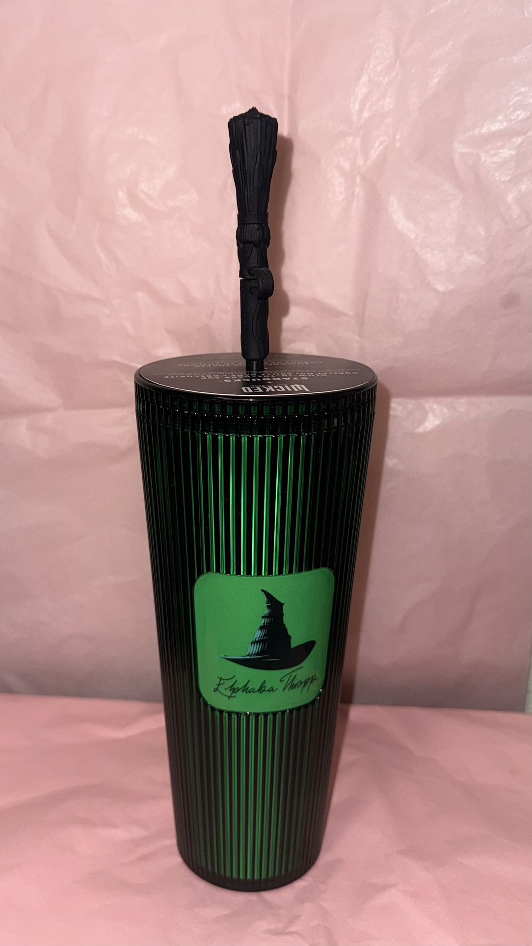 Starbucks Wicked 24oz Elphaba Tumbler Emerald Green w/ Broom Topper Glow In Dark