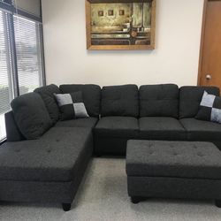 New Sectional Sofa Dark Gray Charcoal Couch Include FREE Storage Ottoman And 2 Pillows 