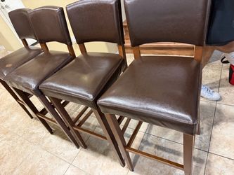 Set of 4 Brown Leather Bar Stools