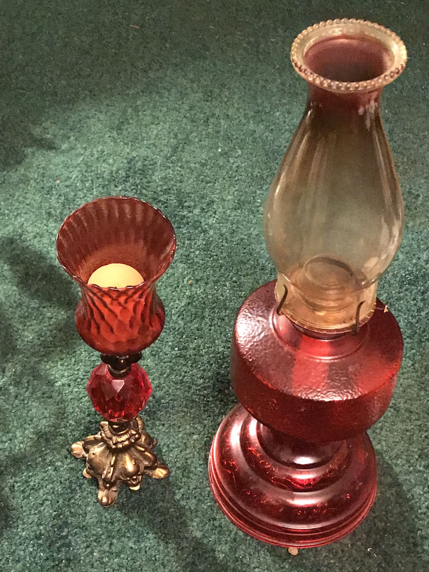 Red glass candle holder and kerosene lamp set