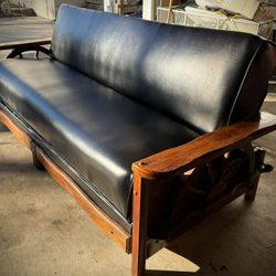 Vintage Futon Faux Leather + Wood