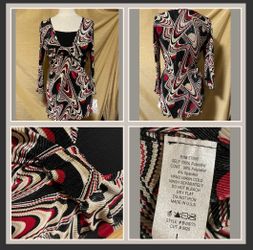 Nicola Fancy Vibrant Red, Black, White Women’s Large Polyester Blouse, NWT