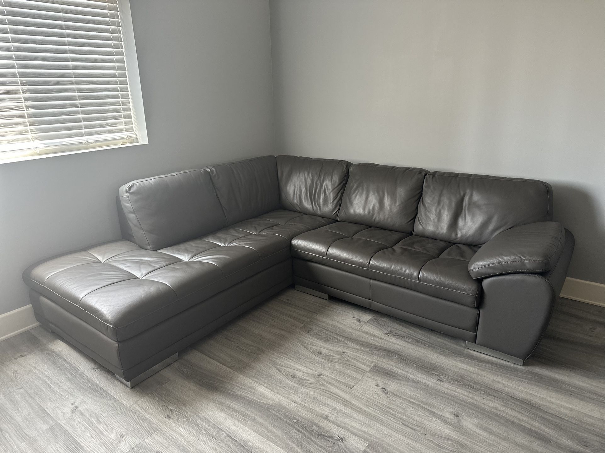 Atmosphere Grey Leather Couch With Chaise