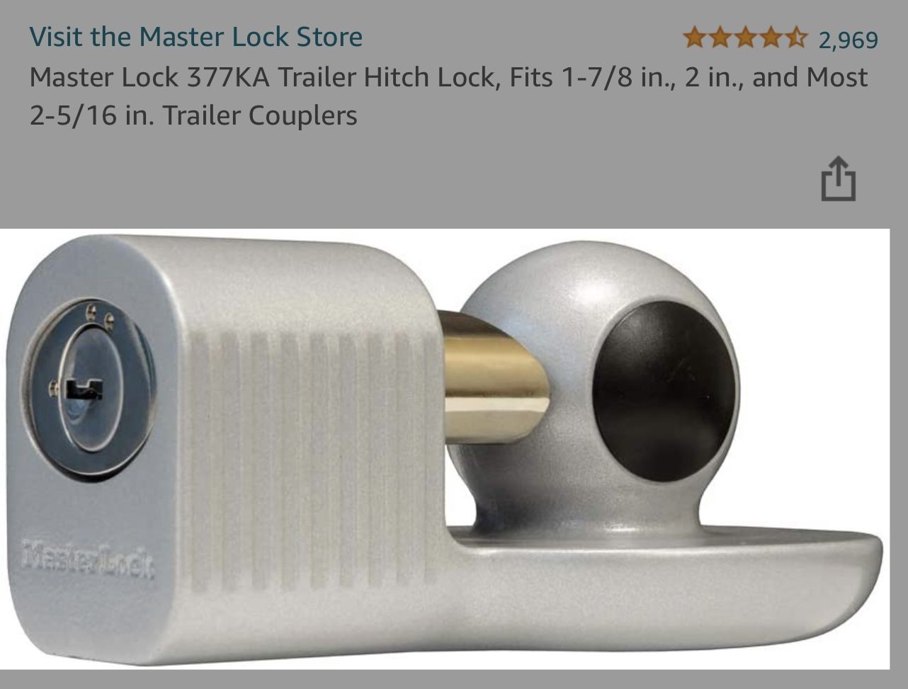 Master Lock 377KA Trailer Hitch Lock, Fits 1-7/8 in., 2 in., and Most 2-5/16 in. Trailer Couplers